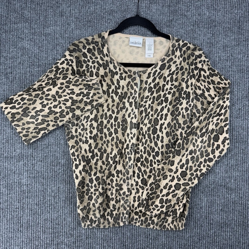 Vintage Villager Liz Claiborne leopard print ramie cotton cardigan sweater Large